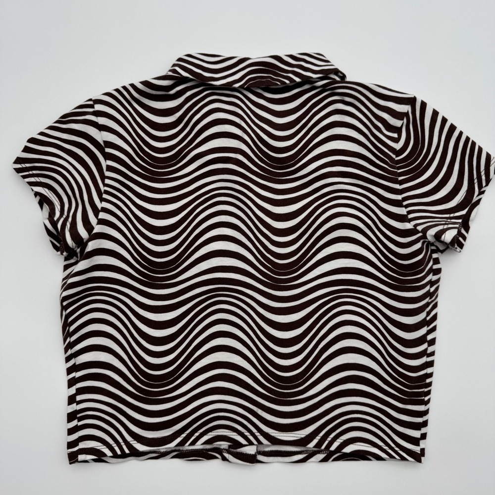 Garage Brown White Wavy Psychedelic Stripe Button Down Crop Top Womens Small - Picture 3 of 3